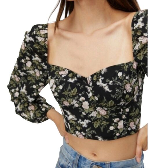 OAK + FORT Ditzy Floral Long Puff Sleeve Sweetheart Neck Smocked Crop Top Large - Picture 1 of 12